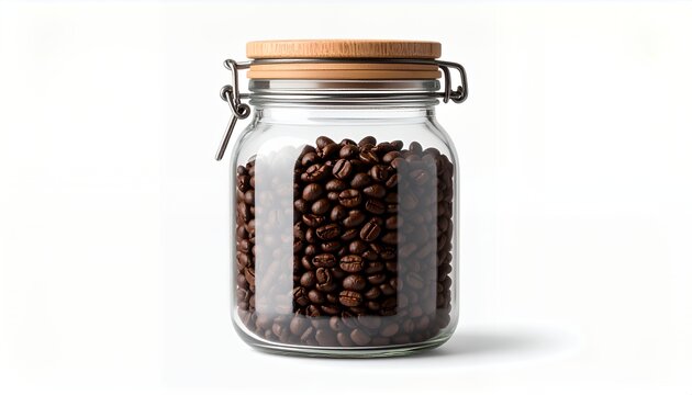 A clear glass jar filled with roasted coffee beans, sealed with a wooden lid and metal clasp.