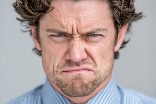 Close up portrait of a man with a scrunched nose, furrowed brow, and tight lips expressing strong displeasure and irritation, his eyes tense and jaw clenched, conveying intense mood.