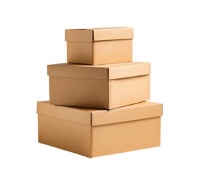 Three stacked cardboard boxes of varying sizes, light beige color, simple design,  placed on a solid black background