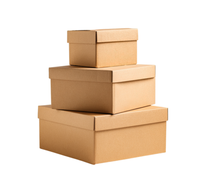 Three stacked cardboard boxes of varying sizes, light beige color, simple design,  placed on a solid black background