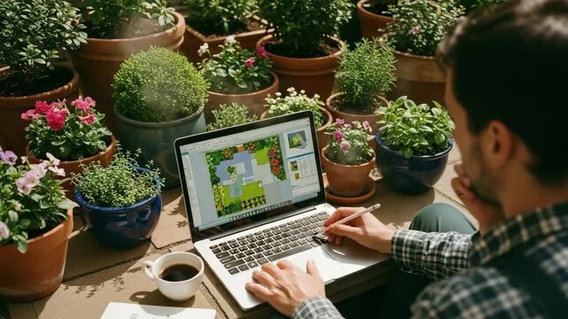 Man designs garden layout laptop