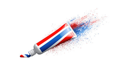 A tube of toothpaste erupting in a vibrant red and blue powder explosion against a black background