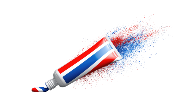 A tube of toothpaste erupting in a vibrant red and blue powder explosion against a black background
