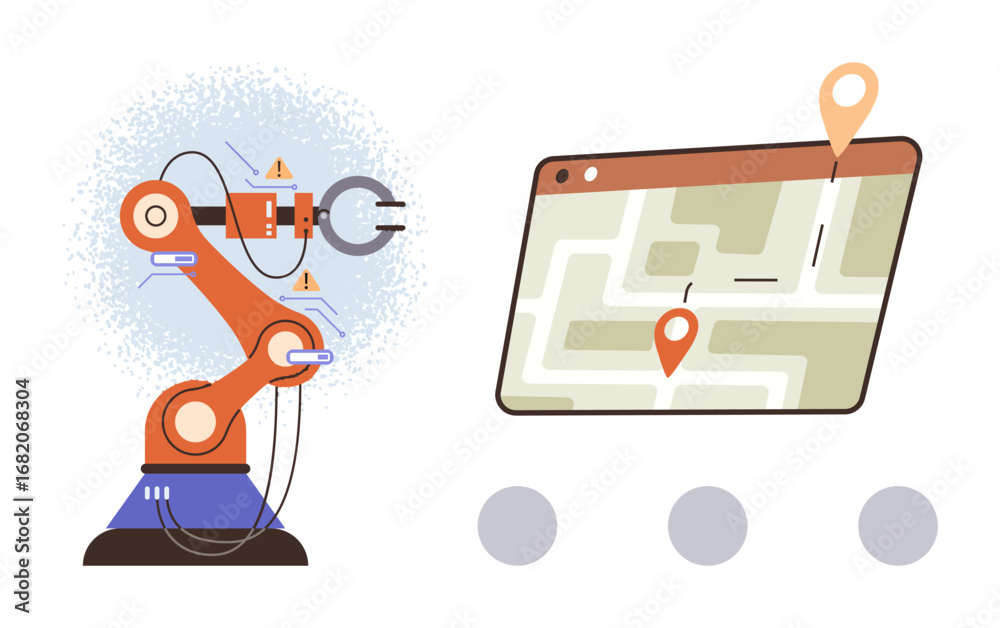Wall mural robotic arm with mechanical components beside a map interface with pointers. ideal for technology, i