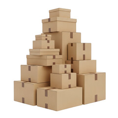 Tall stack of cardboard boxes ready for shipping and storage with various sizes transparent background