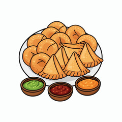 Illustration of a white plate piled with goldenfried round flat snacks and triangular samosas with three bowls of colorful sauces