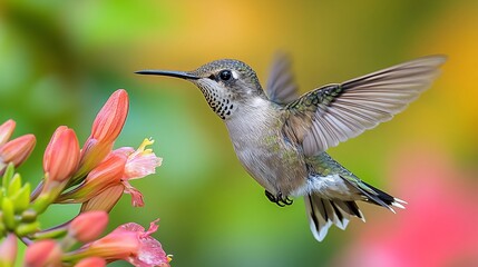Fototapeta premium Hummingbird Near Blossoms, Vibrant Garden Setting