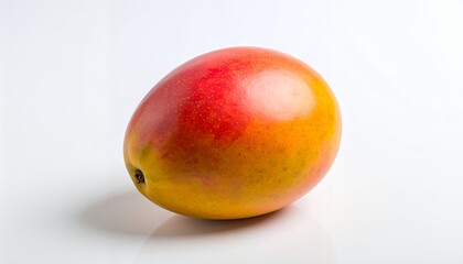 A ripe mango with red and yellow skin on a white surface.