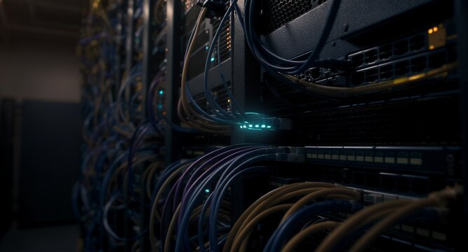 Close-up of server rack with glowing network cables and connections in dark room