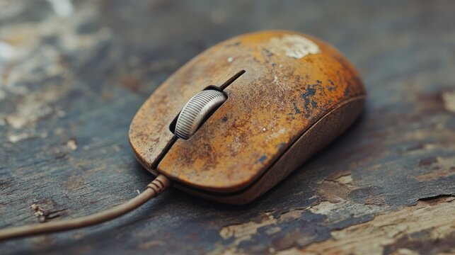 Vintage computer mouse displaying corrosion and age on a textured wooden surface