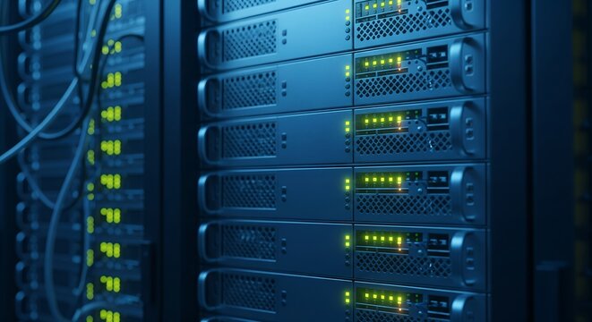 Close-up of Server Rack with Illuminated Lights, Data Center Technology, Network Infrastructure