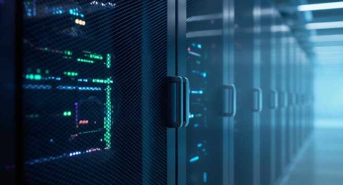 Close-up view of server racks in a data center, showcasing technology and digital infrastructure