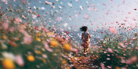Joyful Child Running Through a Vibrant Wildflower Field