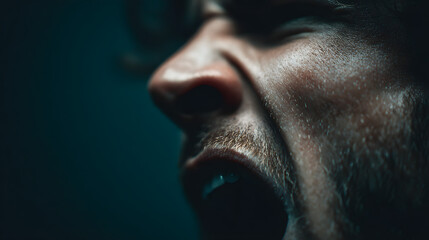 Obraz premium A close-up side profile of a man's open mouth, displying a dramatic expressionagainst a dark and moody bckground, capturing the inensity of a yell with detaled focus on facial featurs