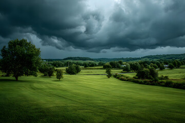 Fototapeta premium A lush green field bordered by trees under an ominou, dark overcast sky, suggeting an impending storm, wth dramatic clouds castingshadows over the tranquil andscape