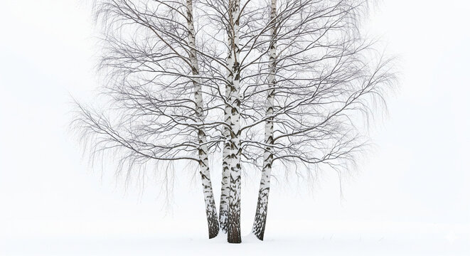 Bare birch trees standing in a snowy winter landscape in a bright studio.