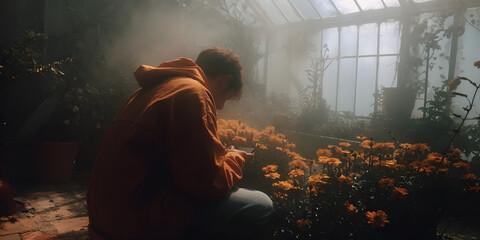 Gardener Nurturing Vibrant Flowers in a Sunlit Greenhouse