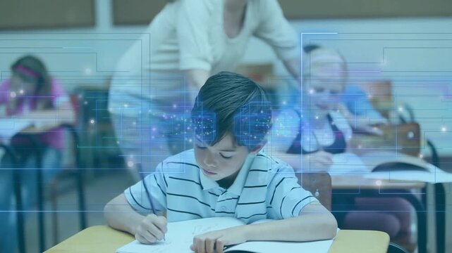 Teacher approaching student desk, pointing at notebook and guiding writing with education holograms