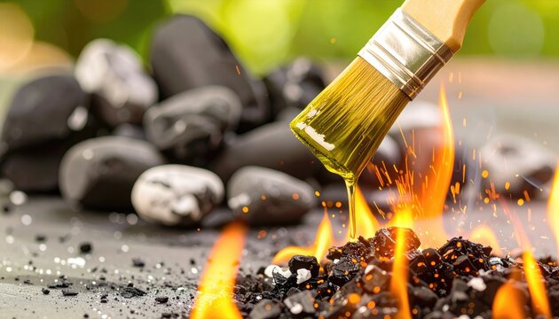 A brush applies flammable liquid to hot charcoal briquettes on a flat surface, creating bright orange flames with a soft focus green background