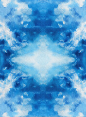 Abstract symmetrical pattern, watercolor-like, depicting a stylized sky with clouds.  A central light area is surrounded by swirling blues and whites