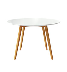 White round table with light brown legs.  Simple, modern design,  isolated on black