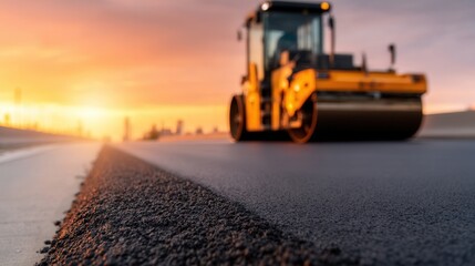 Construction Crew Lays Asphalt on New Road During Sunset