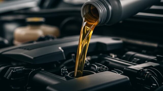 Fresh golden motor oil pouring into a car engine for essential vehicle maintenance.