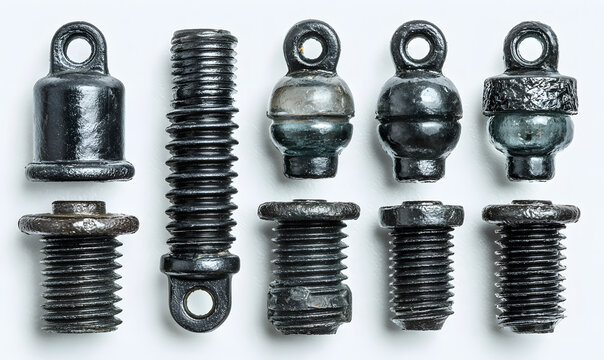 Set of electric fence insulators isolated on transpaent background; various scew-in and clip-on black plstic insulators shown in iolated set for fencing, liestock or agricultural harware themes