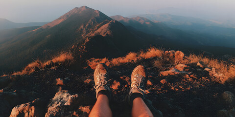 Hiker Embracing Majestic Mountain Views on a Sunny Day