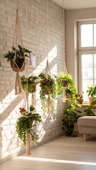 Naklejka premium Sunlight streams through a room filled with hanging plants