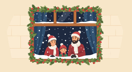 A family in winter hats and scarves looking out a snowcovered window decorated with a festive evergreen garland