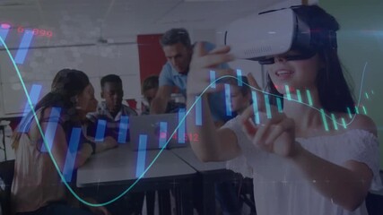 Teenage girl putting on VR headset and interacting with virtual graph for classroom education - Powered by Adobe