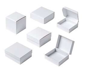 Six white cardboard boxes of various orientations and opening styles,  displaying a selection of packaging options.  The boxes are simple, square, and rectangular, some open, some closed. 