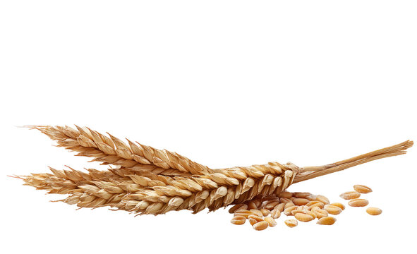 Close-up of a wheat ear and scattered wheat kernels.  Golden-brown color.  Ears lie horizontally