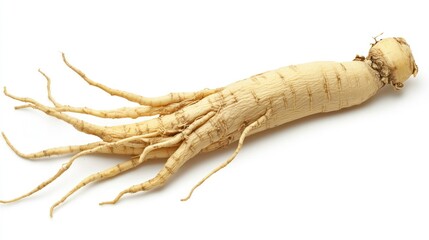 Fototapeta premium High-quality image of a ginseng root, showcasing its intricate root system and pale beige color against a stark white background