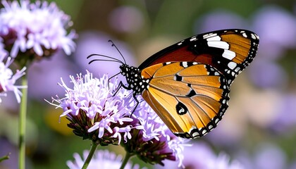 Fototapeta premium Close-up of a vibrant butterfly on a cluster of purple flowers. Sunlight highlights the butterfly's wings
