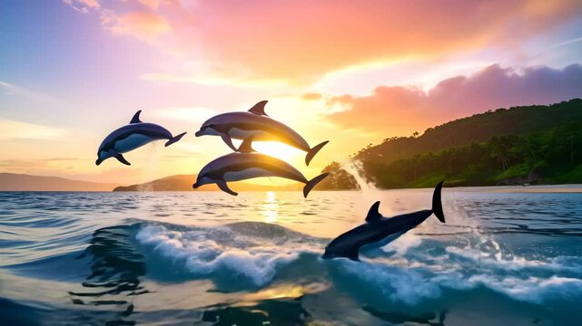 A dynamic action shot of a pod of dolphins leaping from the ocean in perfect synchrony against a beautiful sunset