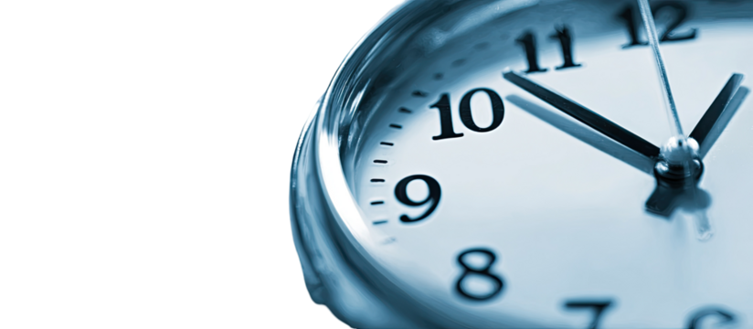 Close-up of a clock face, showing the time.  The clock's hands indicate a specific time. The face is a light, muted blue tone. The clock's metal casing is a polished silver