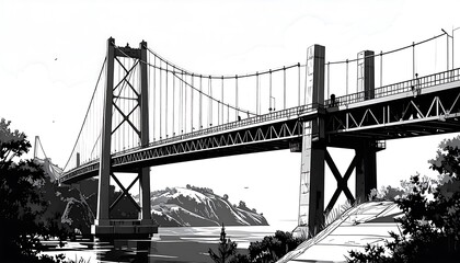 A grayscale illustration of a majestic suspension bridge spanning a tranquil waterway, showcasing intricate details of its structure and surroundings.