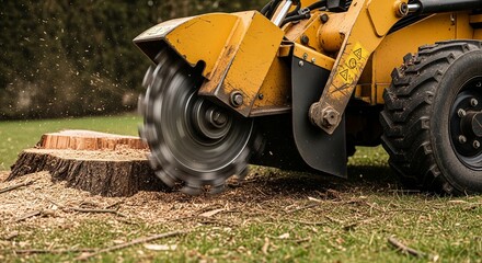 Grinding Tree Stump with Heavy Machinery, Close-up View of Rotating Blade, Wood Shavings and Green Grass