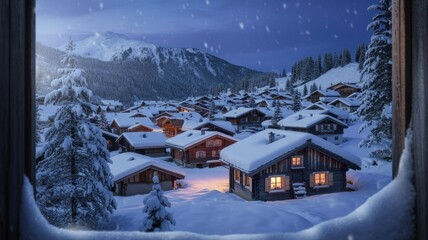 Fototapeta premium A picturesque winter village scene viewed through a window, with snowcovered houses, mountains, and trees creating a cozy and festive atmosphere