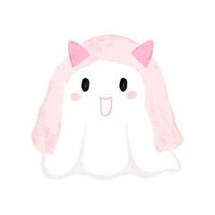Cute chibi kawaii pink happy smiling halloween spooky ghost with boo text word funny quotes emoticon emoji smiley children illustration icon clipart sticker
