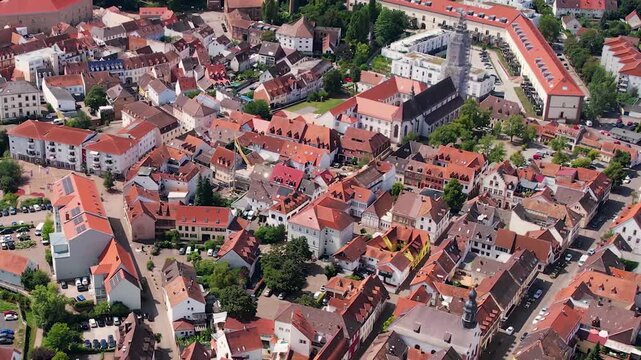 Aerial panorama view of the old town in the city Germersheim in Germany on a late sunny day in summer. 