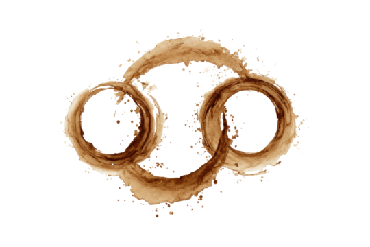 Two interlocking rings of light brown liquid, resembling a splash or vortex.  Splashes and droplets create a textured, slightly pixelated effect