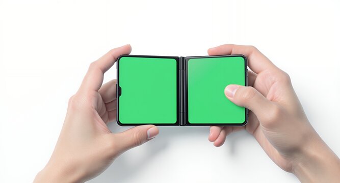 Hands holding foldable phone with green screen, mockup, technology, advertising, app presentation, chroma key, device, gadget, modern, 