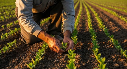 Fototapeta premium Hands planting seedlings in a field at sunset, agriculture, farming, gardening, spring, growth, cultivation