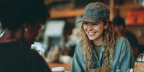Welcoming Caf&eacute; Scene with a Smiling Barista and Steaming Coffee