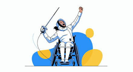 Fencer in wheelchair celebrating victory with sword raised abstract blue and yellow shapes in background