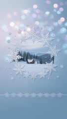 A beautiful winter scene with a cozy cabin nestled in the snowy mountains, framed by delicate snowflakes and a soft, dreamy bokeh effect