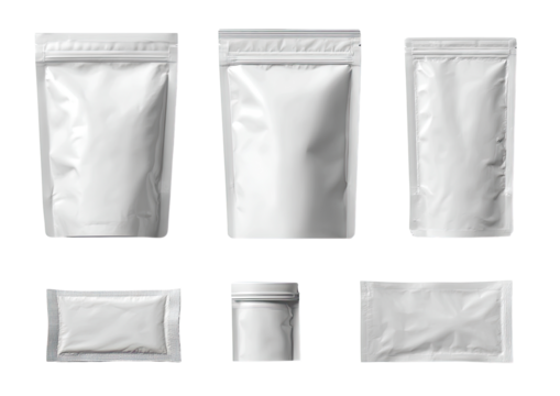 Six blank, white, flexible packaging pouches and a cylinder